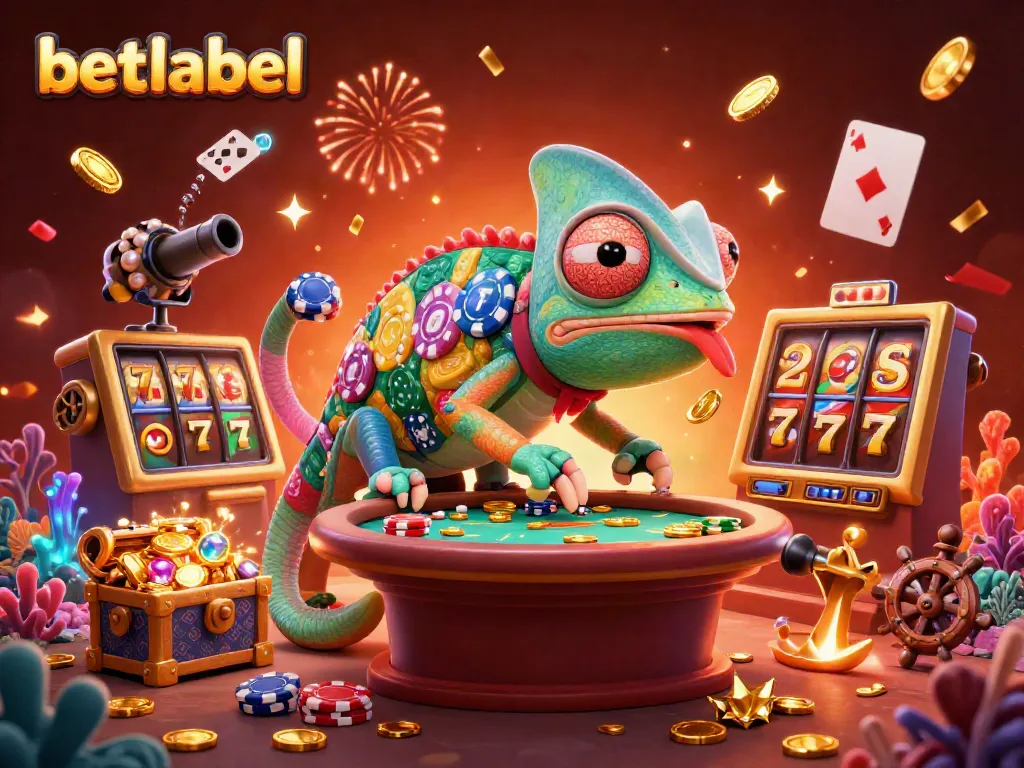 Betlabel casino owner, chameleon catching golden coins among slot machines and festive decorations.