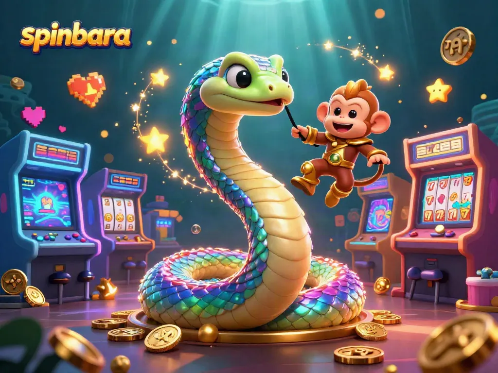 Play and win at Spinbara Casino with vibrant 3D visuals of games and characters.