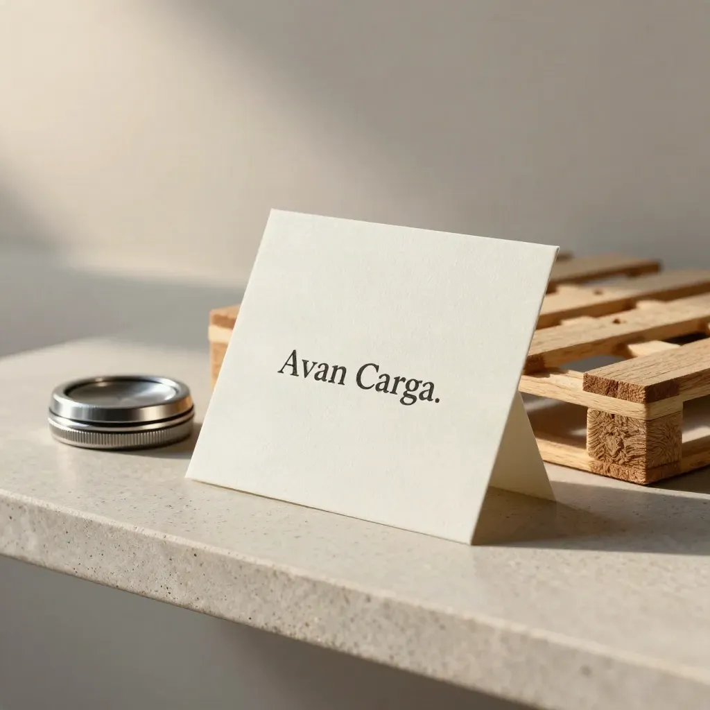 Tarjeta doblada, sello de carga y mini palé sobre piedra clara con luz suave.