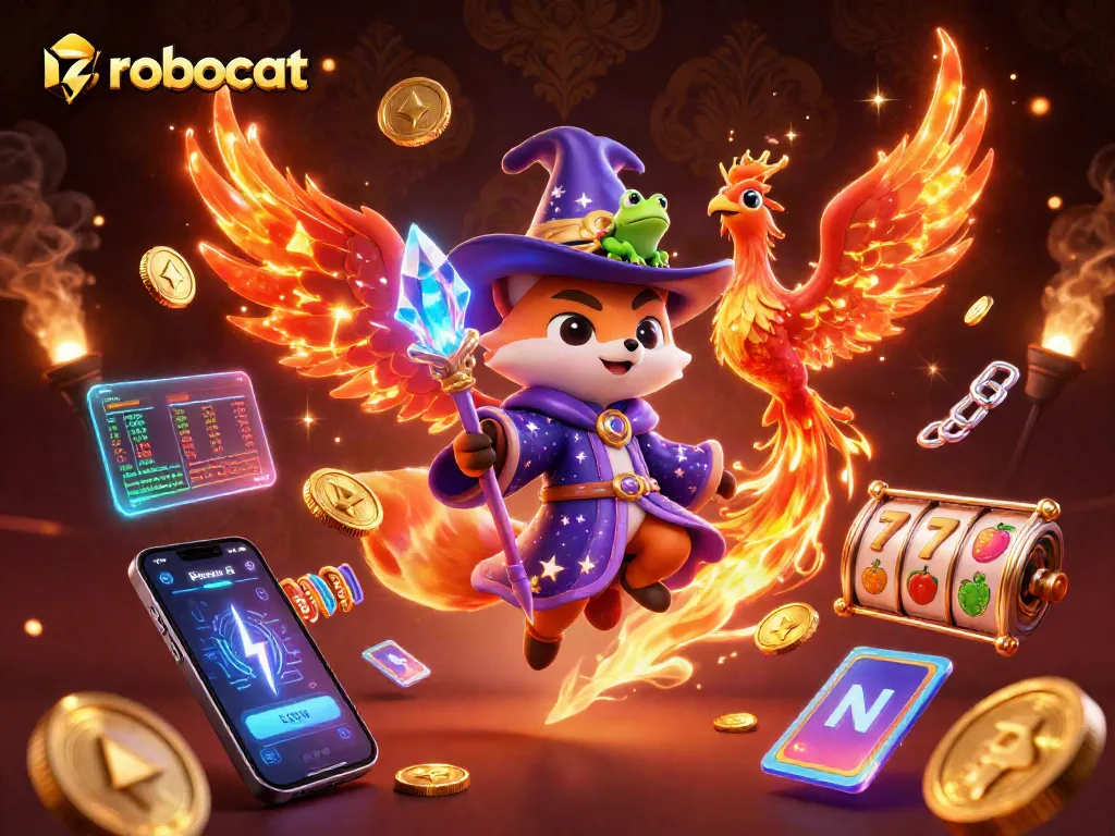 Play and win big at Robocat Casino with thrilling slot reels surrounded by vibrant 3D elements.