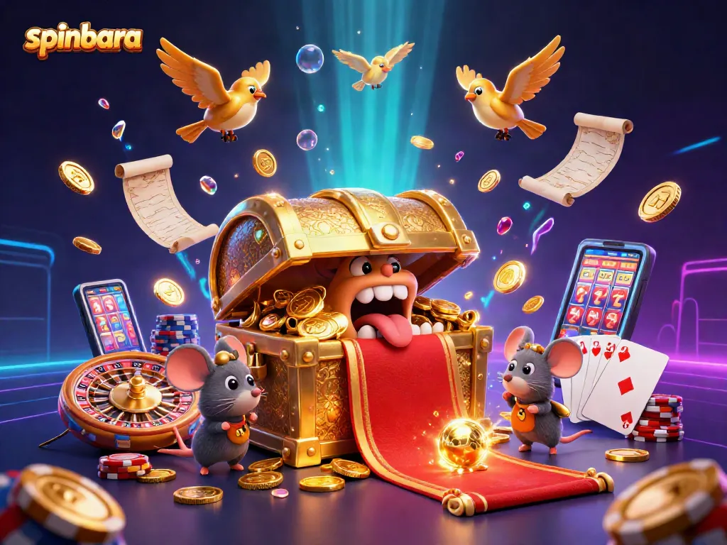 Spinbara casino adventure with a golden chest luring players amidst flying coins and animated games.